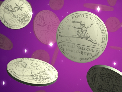 Purple background with illustrated coins floating around.