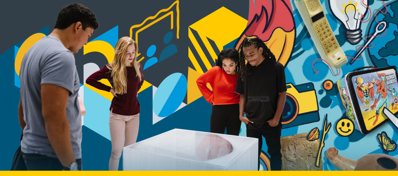 Photo collage: A group of teens look at a museum artwork. Illustrations of art materials are in the background.