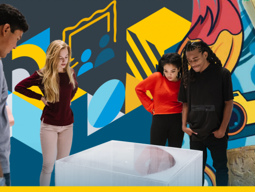 Photo collage: A group of teens look at a museum artwork. Illustrations of art materials are in the background.