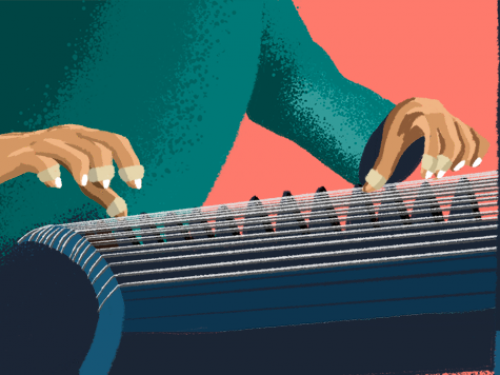 illustration of guzheng and banjo playing.